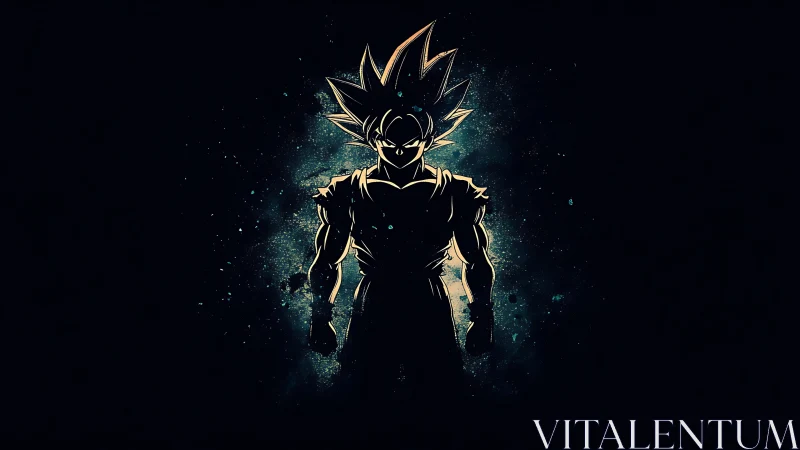 Electric warrior silhouette glows in cosmic darkness.