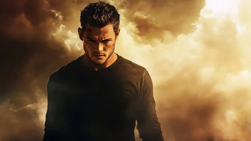 Backlit male figure emerges from high-contrast golden storm clouds