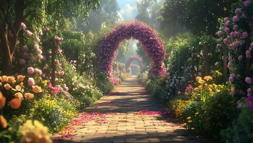Digital garden promenade with rose arches and soft morning light.