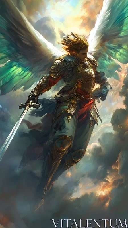 Armored seraph warrior descends through volumetric clouds, sword drawn
