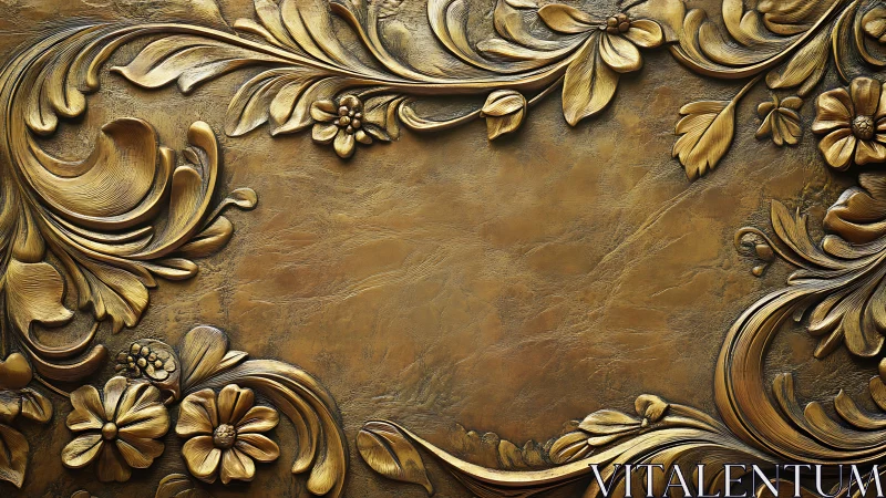 Ornate gold floral relief frames textured bronze surface.