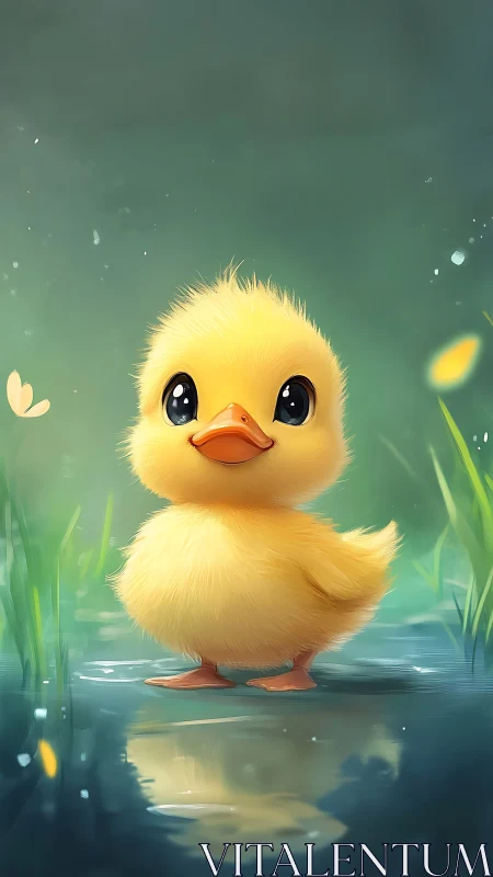Fluffy yellow duckling stands in glowing wetland light.