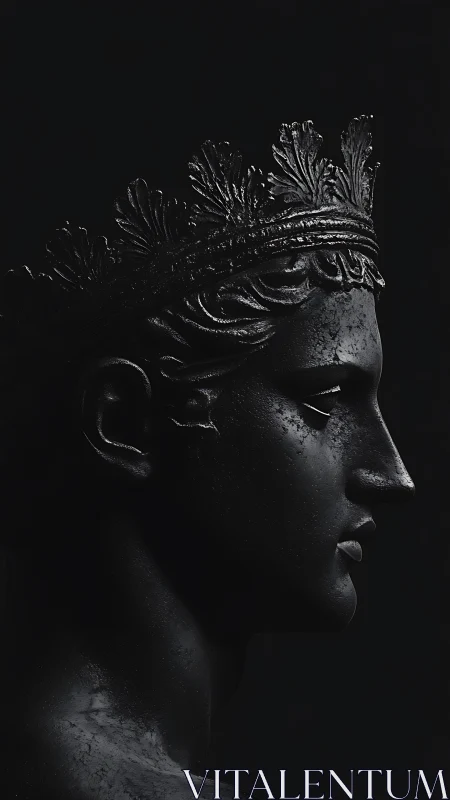 High-contrast bronze bust profile with laurel crown in shadow