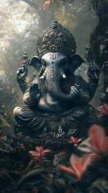 Ganesha idol in misty forest glade with ornate bronze detailing.