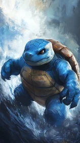 Water turtle guardian surging up through crashing waves.