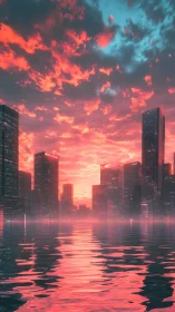 Sunset skyline reflected on calm water in digital cityscape.