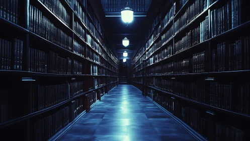 Midnight archive corridor glimmering with sleeping stories.