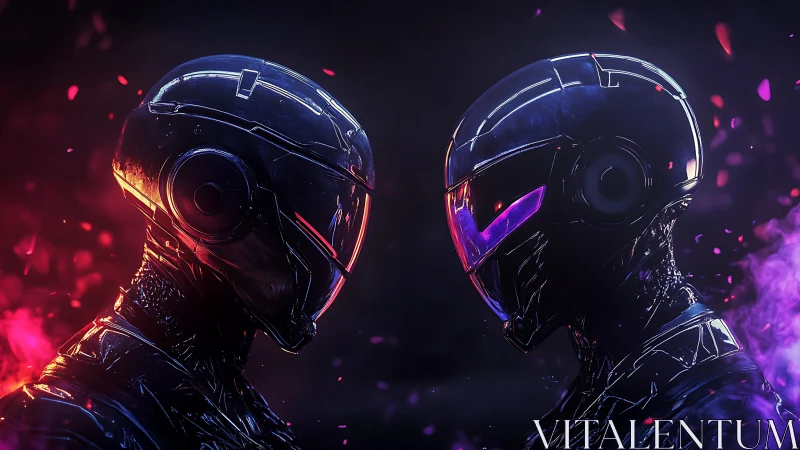 Twin cyber helmets lock in neon-lit, futuristic confrontation