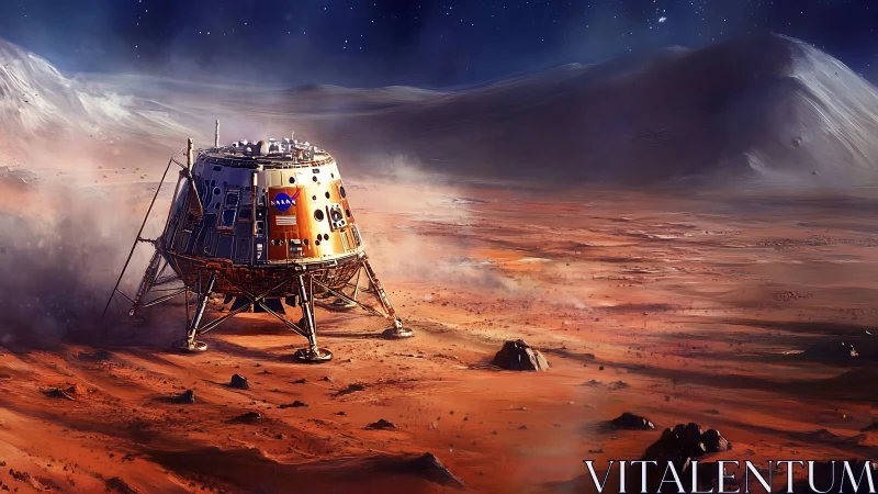 Mars lander module rests on dusty red plateau at night.