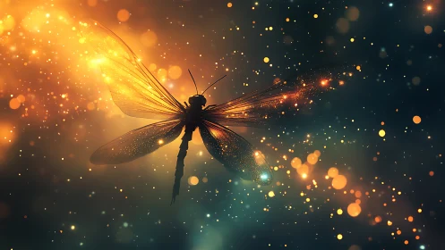 Golden firefly dragonfly drifting through glowing night sky.