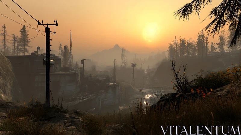 Sunset quiets a misty industrial valley in soft amber light.