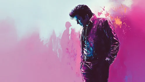 Neon-lit singer in reflective pose against vibrant pink haze