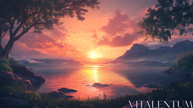 Radiant lake sunset glows between tranquil forested mountains