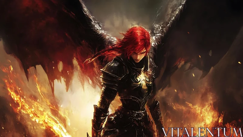 Winged armored figure amid surrounding fire and smoke.