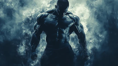 Monochrome muscular figure in dramatic atmospheric backlight