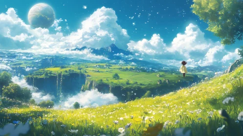 Anime panoramic meadow vista with celestial skyscape composition.