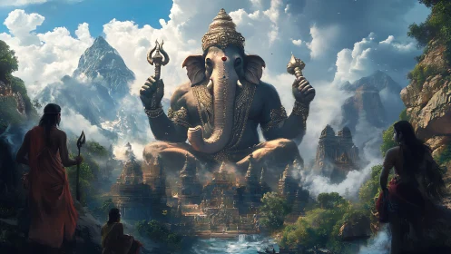 Mountain throne of the elephant god above misty temples.