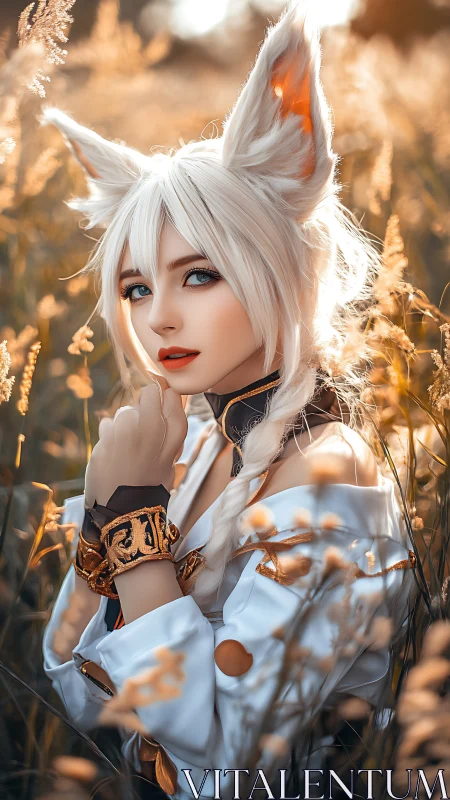 Fox-eared daydreamer resting in golden autumn grasses.