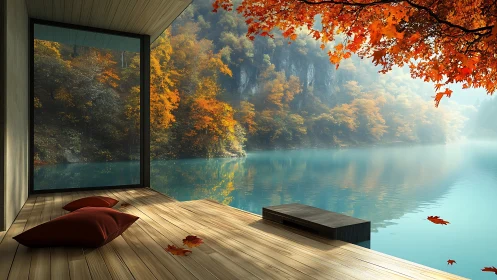 Lakeside autumn retreat with calm water and cozy deck view.
