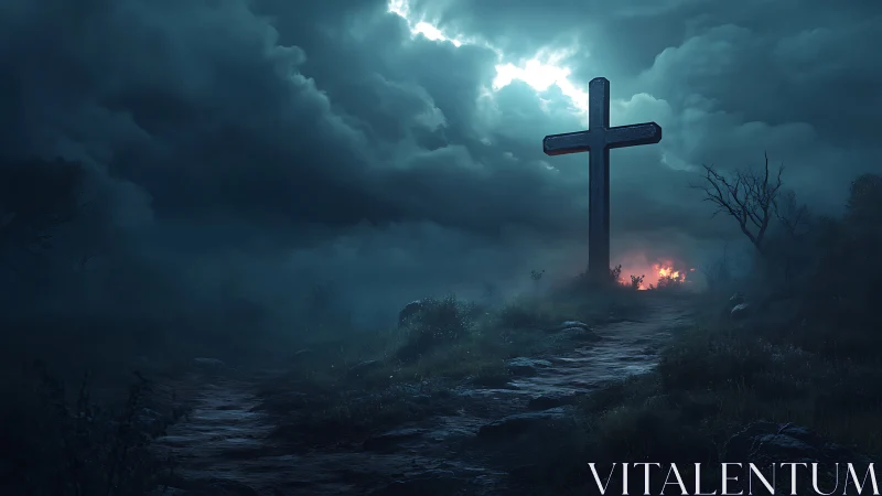 Large cross on stormy hill with distant fire at night.