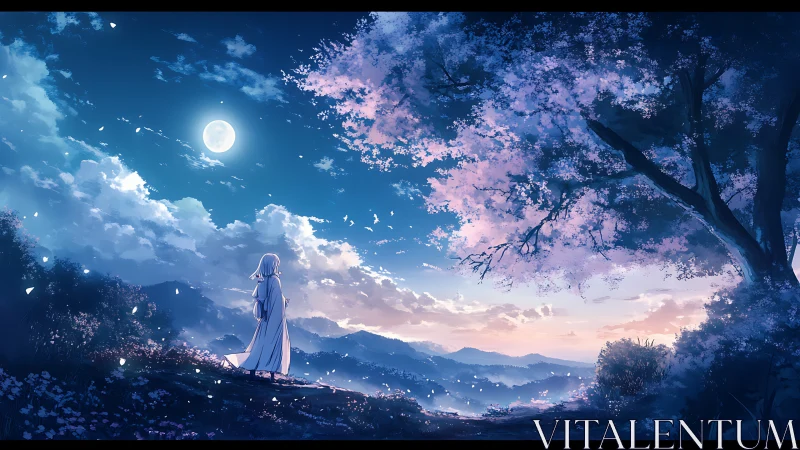 Moonlit wanderer pauses beneath blooming twilight sakura