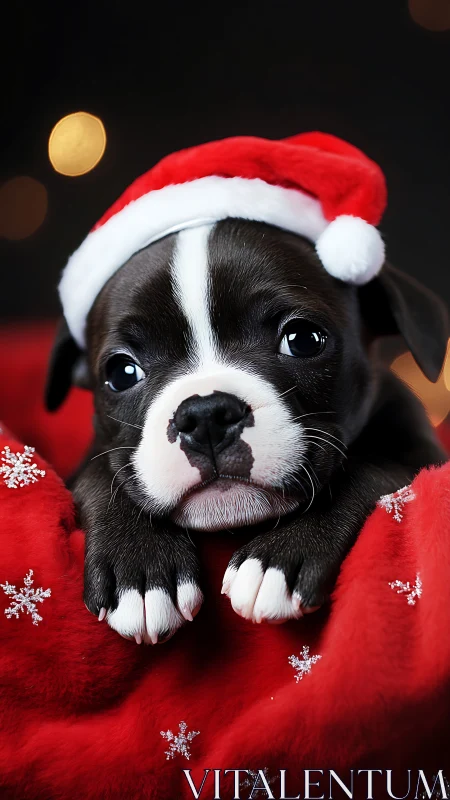 Christmas puppy rests on red velvet blanket under lights.