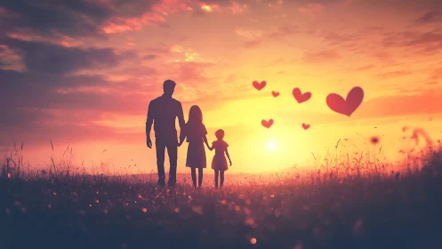 Family silhouettes holding hands amid radiant sunset field.