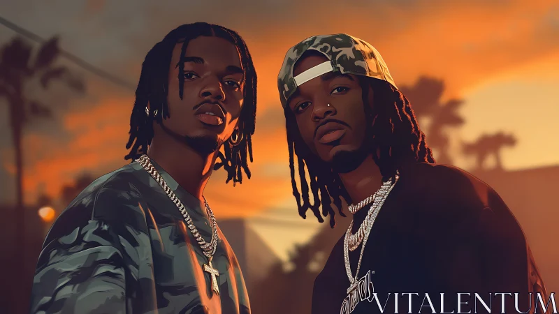 Digital portrait of two stylish rappers at sunset boulevard.