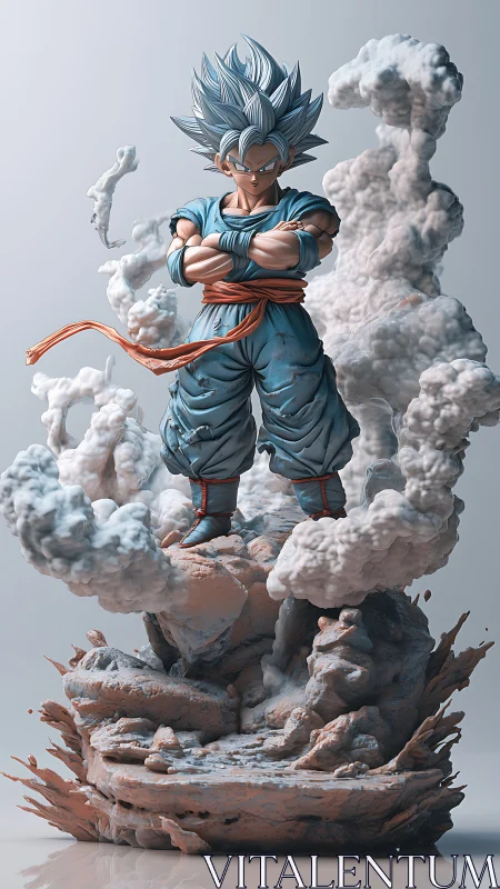 Stylized blue-haired warrior figure amid sculpted smoke plumes.