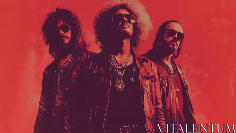 Monochrome red rock trio portrait with stylized grunge lighting.