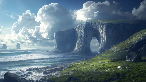 Massive Basaltic Arch Formation With Dramatic Coastal Geology and Cloud Dynamics