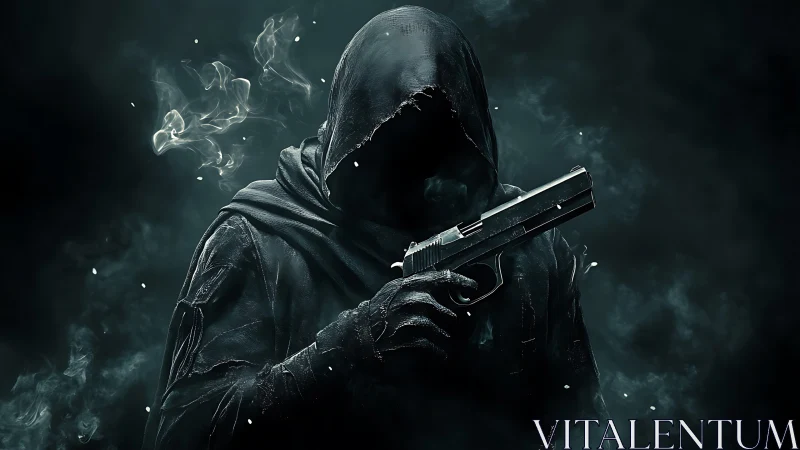 Hooded gunman emerges from dark smoke in cinematic lighting