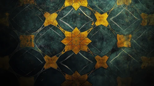 Geometric star lattice with worn teal and gold pattern.