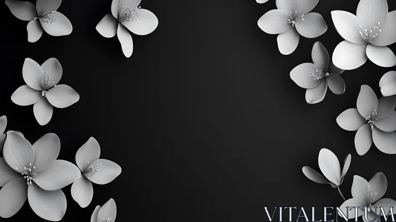 Monochromatic Five-Petaled Florals Against Black Background with Sculptural Detail