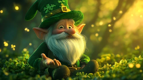 Smiling leprechaun with white beard in clover forest light.