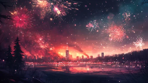 Fireworks over the winter city lake at glowing twilight.