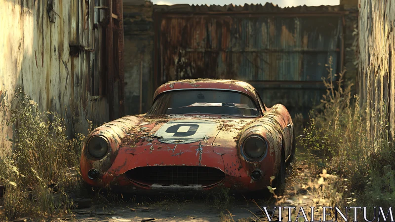 Weathered red race car rests quietly in a forgotten alley