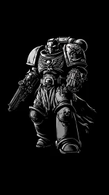 Grim midnight space knight strides through voided silence.