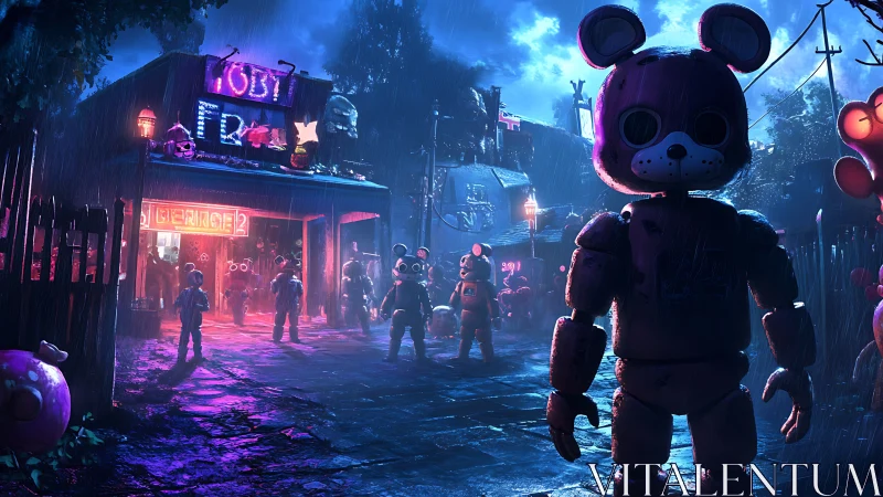Nighttime animatronic alley under neon carnival rain.