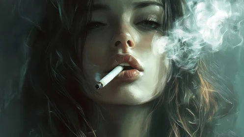 Smoky close-up portrait of young woman with cigarette.