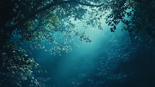 Underwater view through dense foliage canopy with diffused light penetration