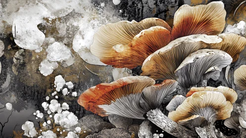 Wild fungal orchestra blooming in smoky forest dusk.