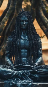 Monochrome meditative statue rendered in hyperreal metallic detail