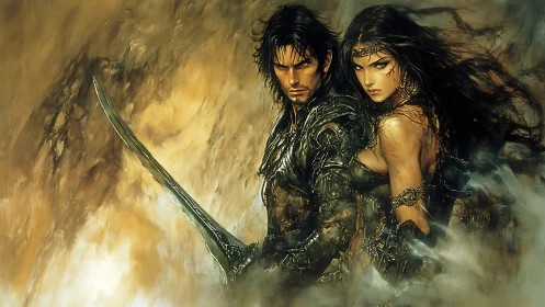Warrior couple stands amid swirling golden battle mist.