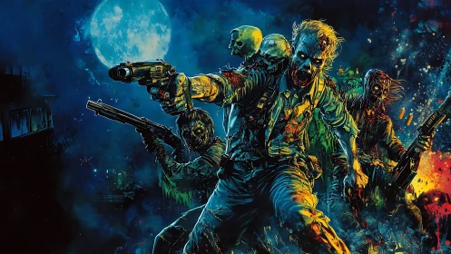 Neon-soaked zombie squad charges under a glowing full moon.