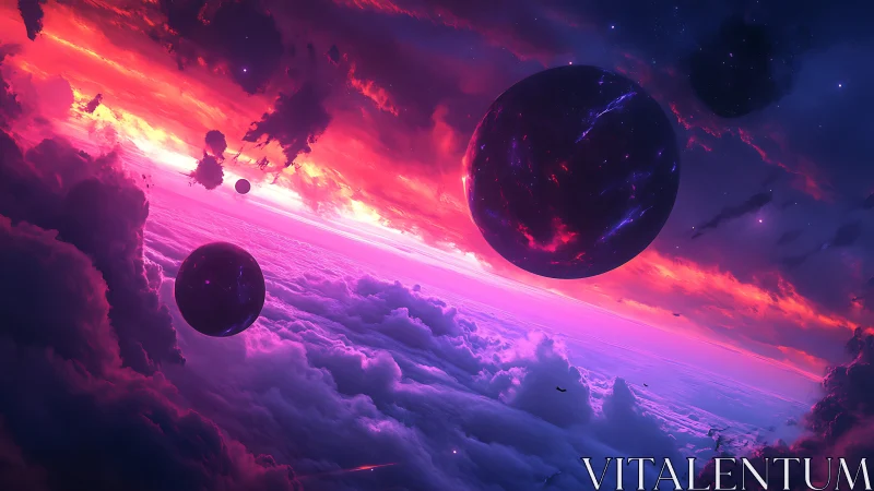 Neon dusk orbits above cotton nebula clouds in bloom.