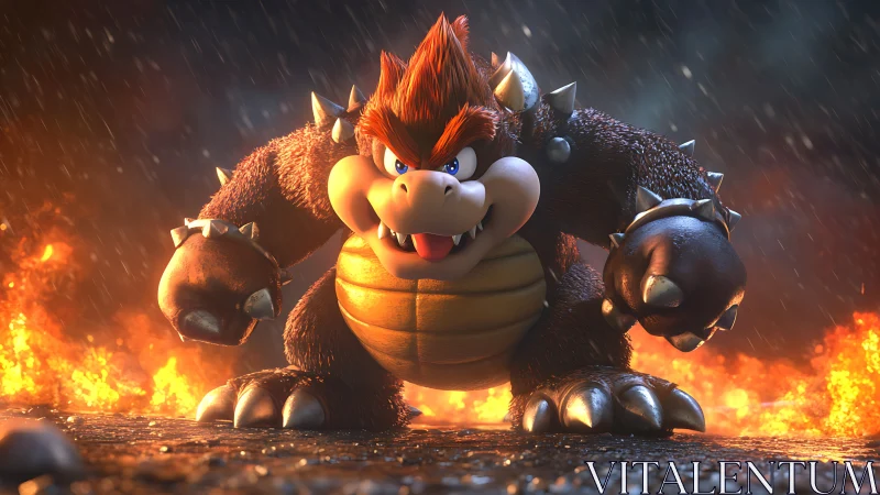 Fiery 3D monster character advances through cinematic inferno
