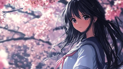 Wind-swept anime schoolgirl under diffuse backlit cherry blossoms