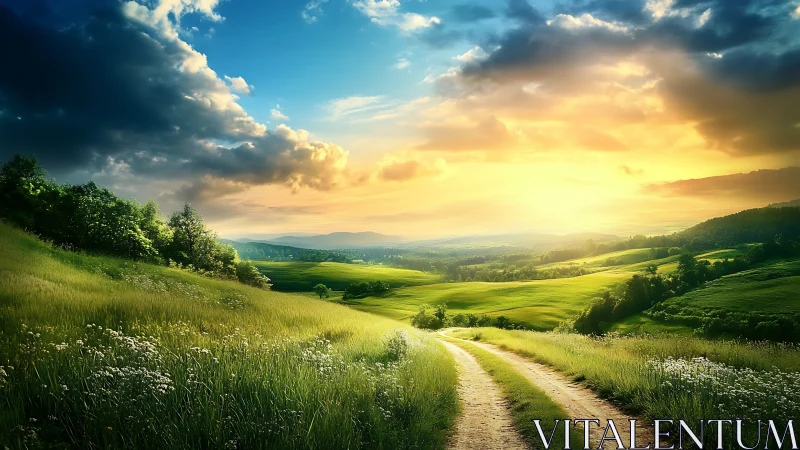 Curving rural path passes through illuminated rolling fields