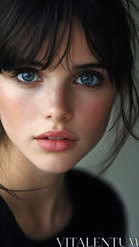 Portrait of young woman with blue eyes and dark hair.